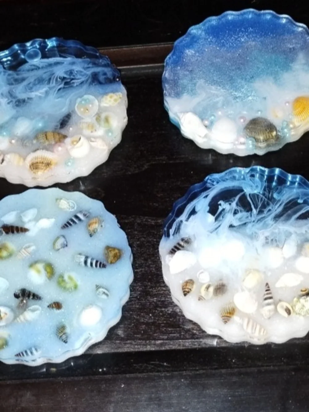 Handmade Blue Ocean Shell Resin Coasters - Set of 4